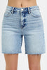 Risen tummy control high rise mid length raw cut hem shorts
