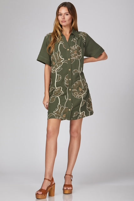 Short sleeve woven embroidered collared button down mini dress with pockets