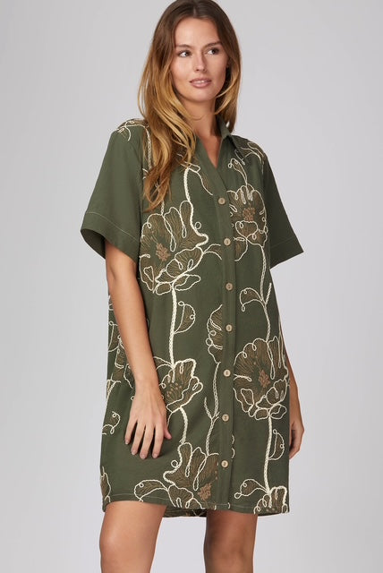 Short sleeve woven embroidered collared button down mini dress with pockets