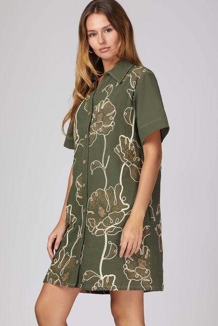 Short sleeve woven embroidered collared button down mini dress with pockets