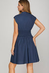 Drop shoulder smocked waist front zip mini dress with pockets