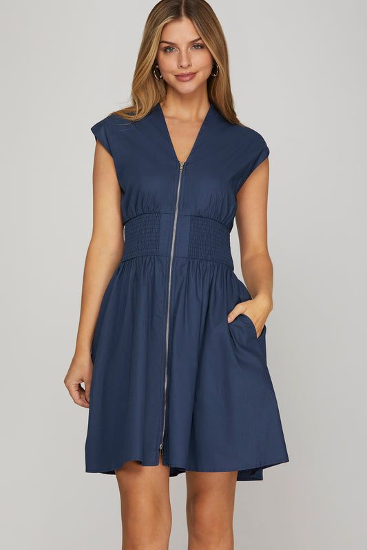 Drop shoulder smocked waist front zip mini dress with pockets