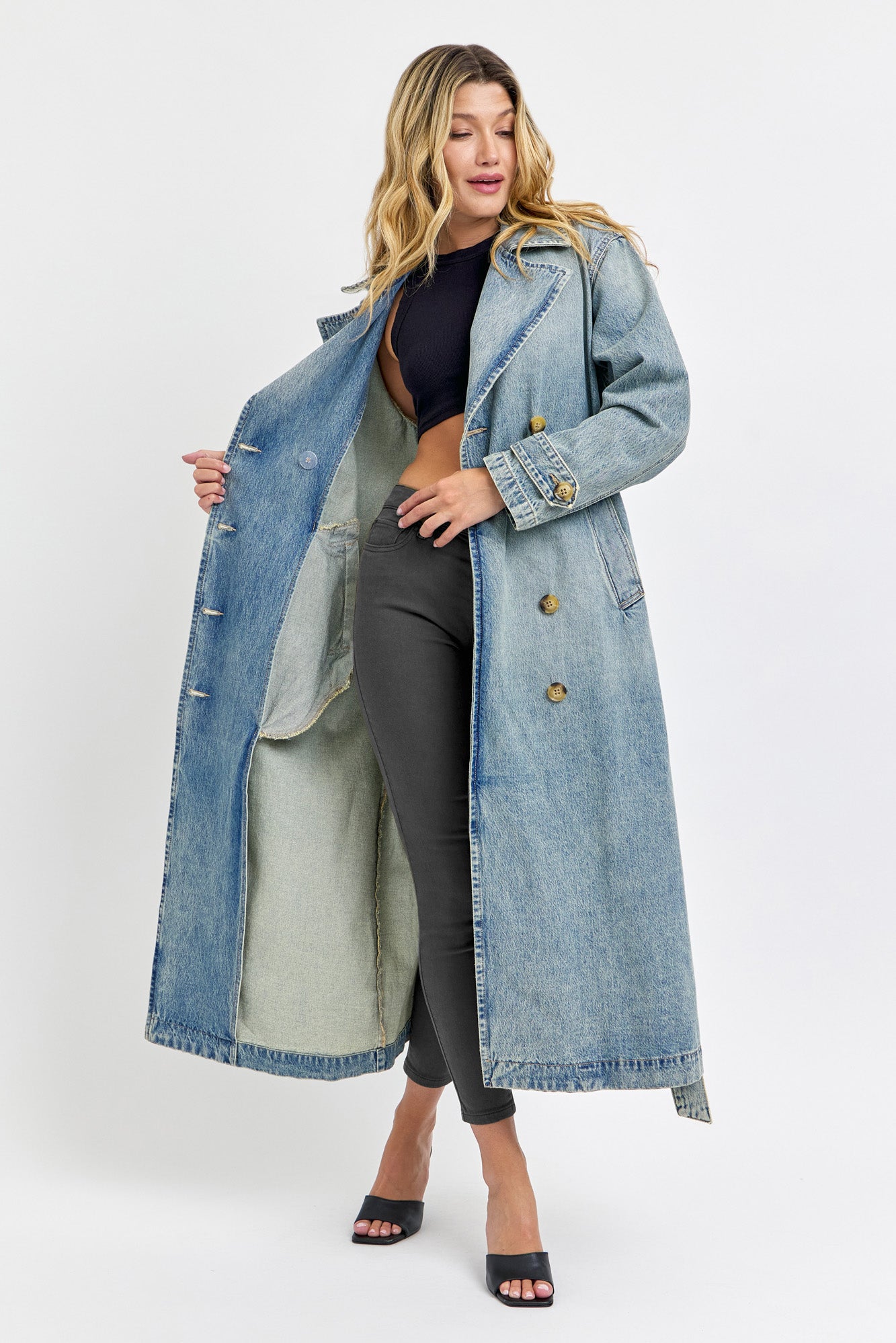 Oversized denim trench jacket coat duster