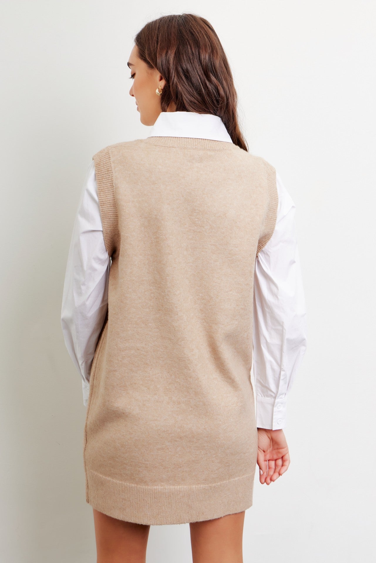 Mixed media mini sweater dress with layered shirt – Ivy and Pearl Boutique Mixed media mini sweater dress with layered shirt – Ivy and Pearl Boutique
