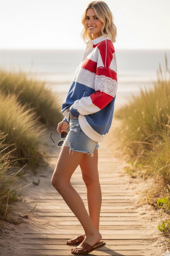 4TH of July Americana Multi Color Long Sleeve T-Shirt with Collar