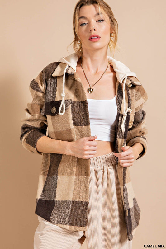 Hooded Plaid shirt jacket (shacket) RESTOCKED! NEW COLOR!  Ivy and Pearl Boutique Camel S 