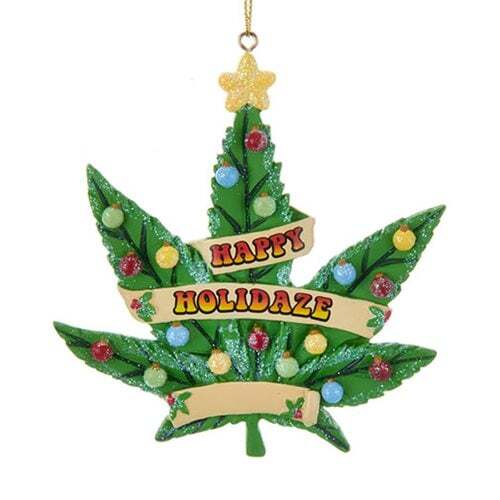 Cannabis Leaf "Happy Holidaze" 4-Inch Resin Ornament by Kurt S. Adler Gifts Ivy and Pearl Boutique   