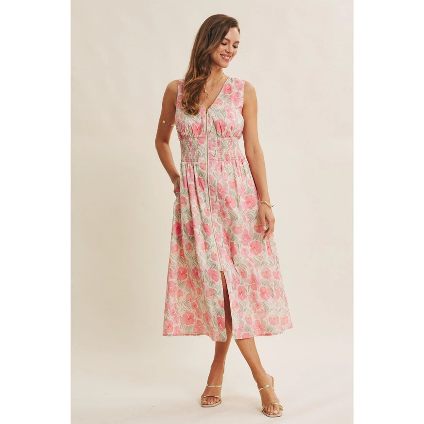 Fresh breath of Spring floral zip-front cotton midi dress