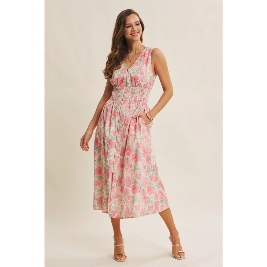 Fresh breath of Spring floral zip-front cotton midi dress