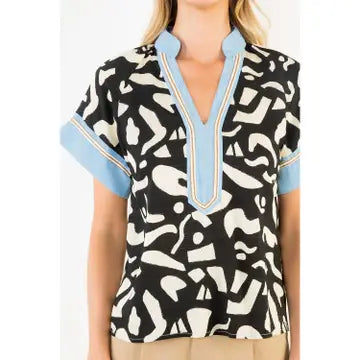 Abstract print top with denim trim