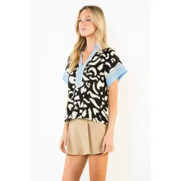 Abstract print top with denim trim