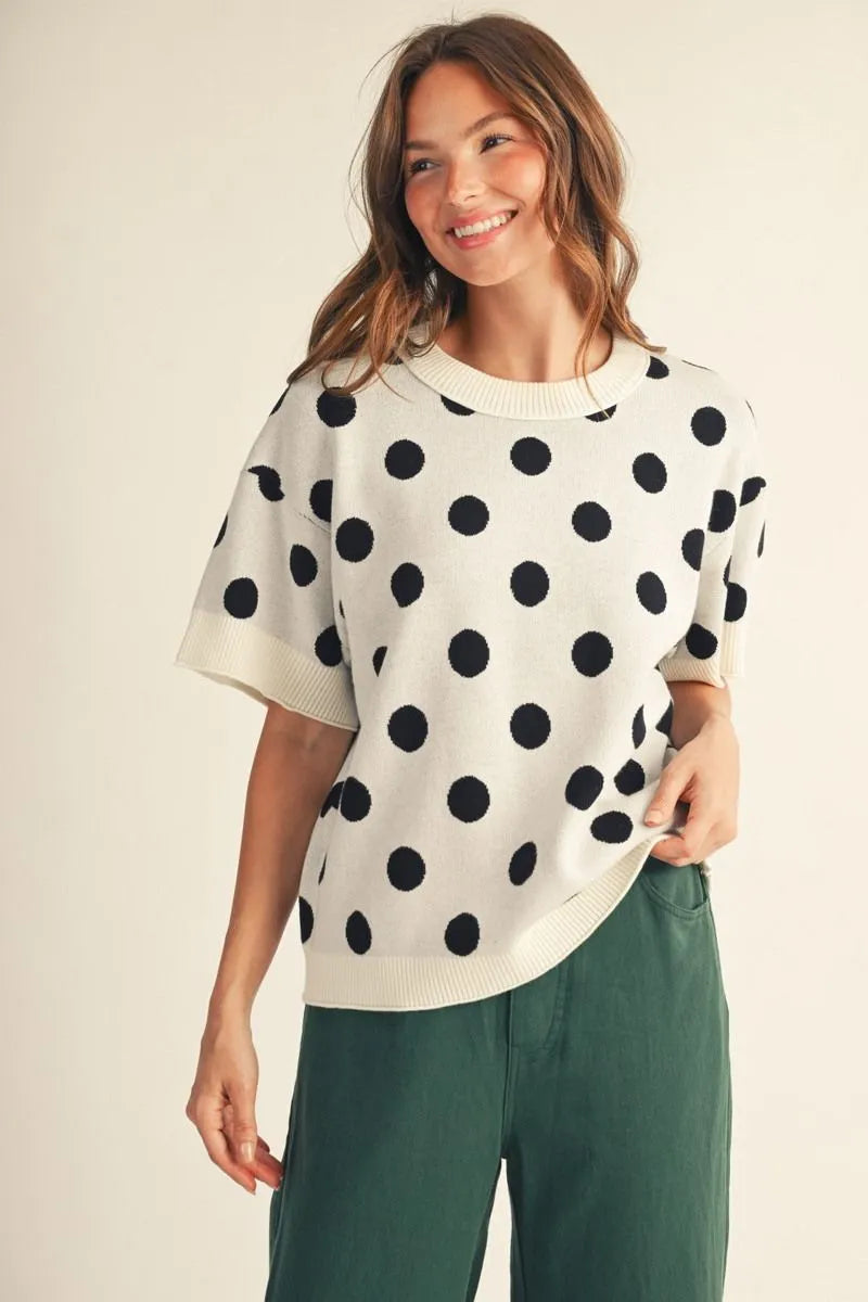 Short sleeves polka dot comfy sweater top