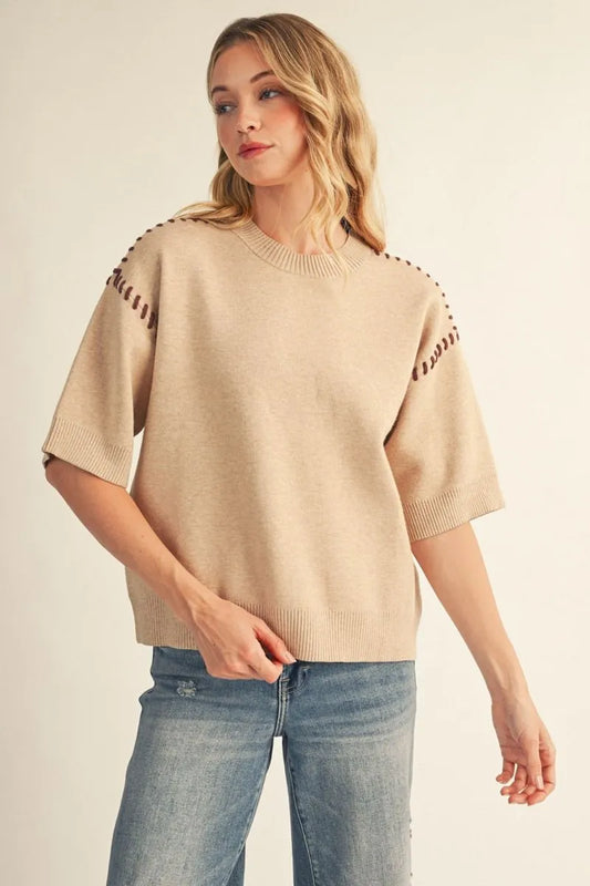 Drop shoulder comfy sweater top with stitch accent shoulder