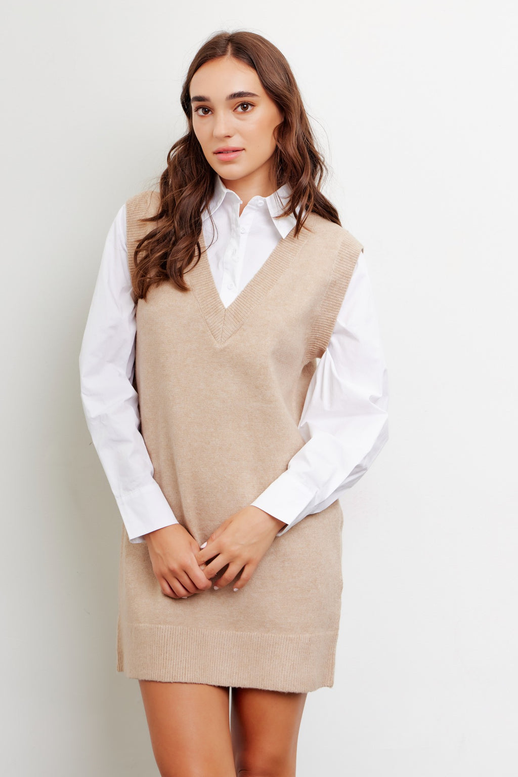 Mixed media mini sweater dress with layered shirt Mixed media mini sweater dress with layered shirt