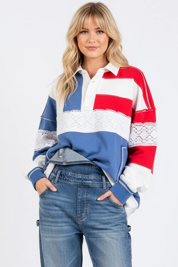 4TH of July Americana Multi Color Long Sleeve T-Shirt with Collar