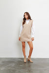 Mixed media mini sweater dress with layered shirt