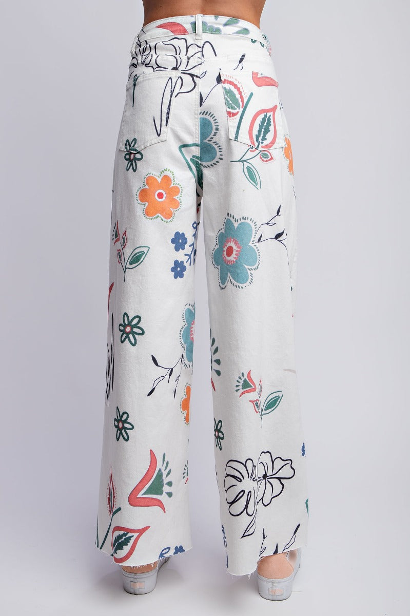 Floral printed washed twill wide pants