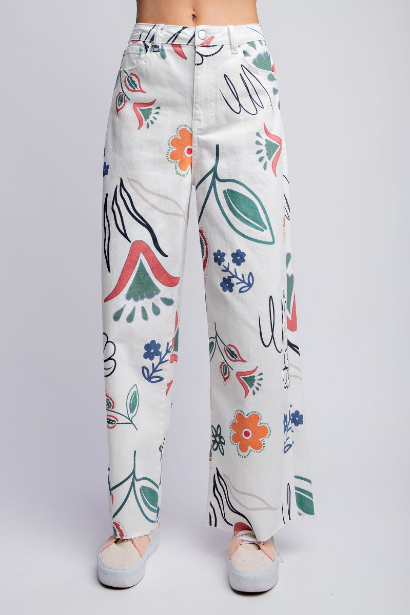 Floral printed washed twill wide pants