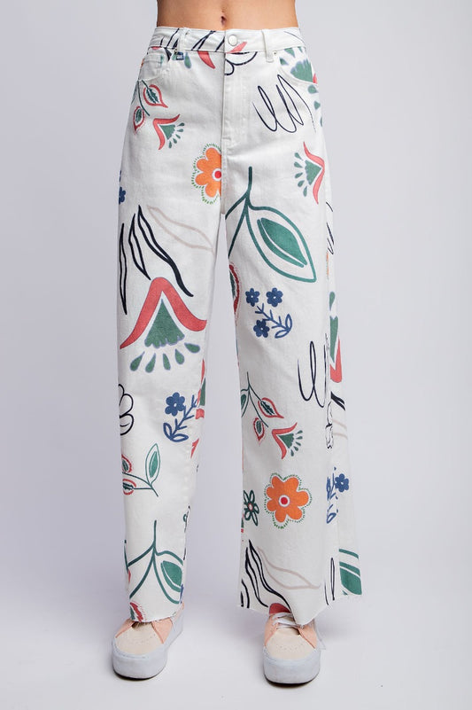 Printed washed twill wide pants