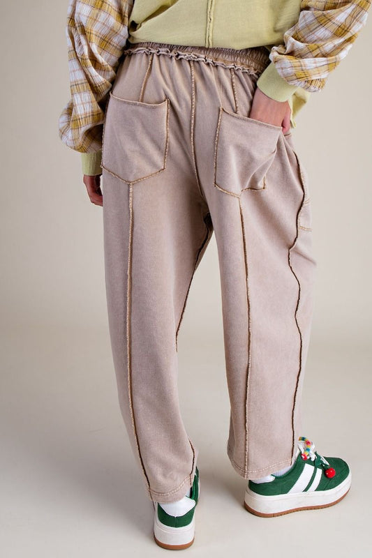 Mineral washed terry knit barrel pants