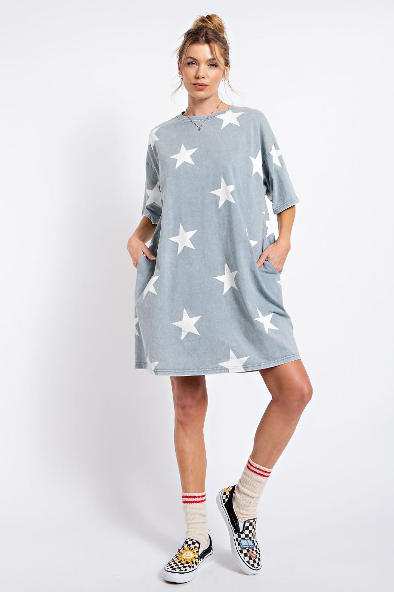 Star printed washed denim mineral washed tunic dress Dress Easel   