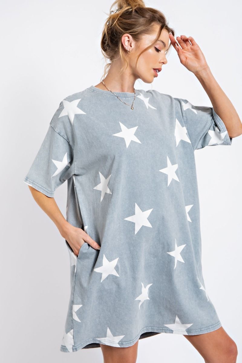Star printed washed denim mineral washed tunic dress Dress Easel Washed Denim Small 