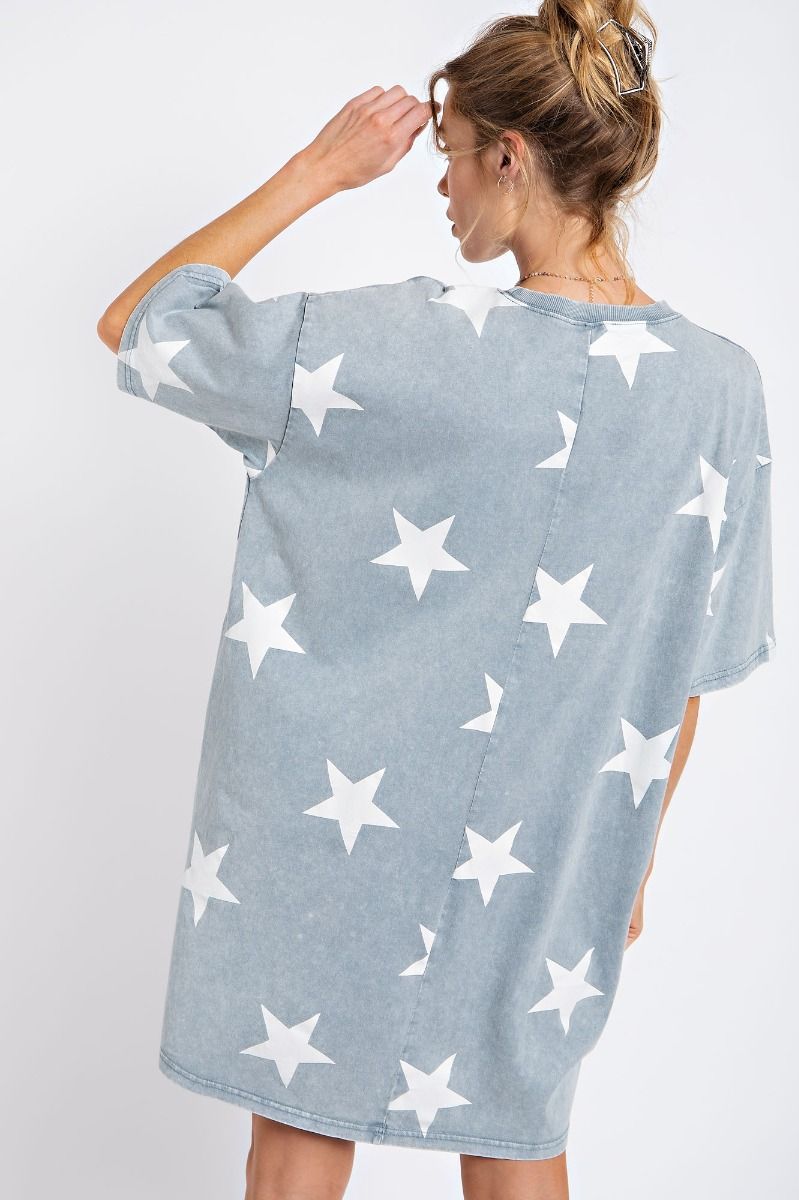 Star printed washed denim mineral washed tunic dress Dress Easel   