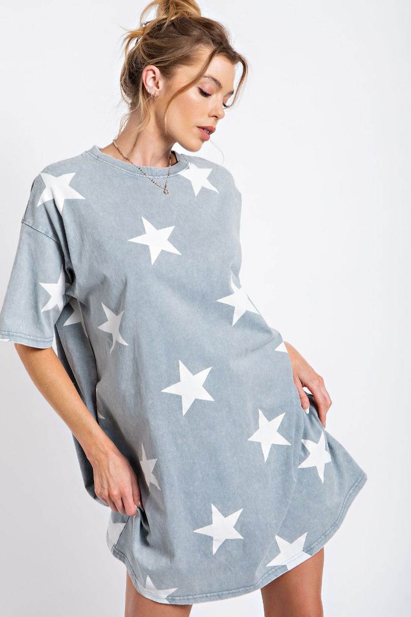 Star printed washed denim mineral washed tunic dress Dress Easel   