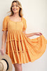 Nylon knit tiered dress with puffed sleeves and square neckline