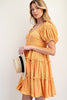 Nylon knit tiered dress with puffed sleeves and square neckline