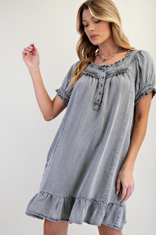 Washed chambray ruffled dress