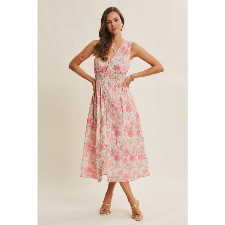 Fresh breath of Spring floral zip-front cotton midi dress