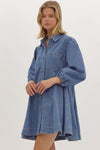 Denim collared button up long sleeve mini dress