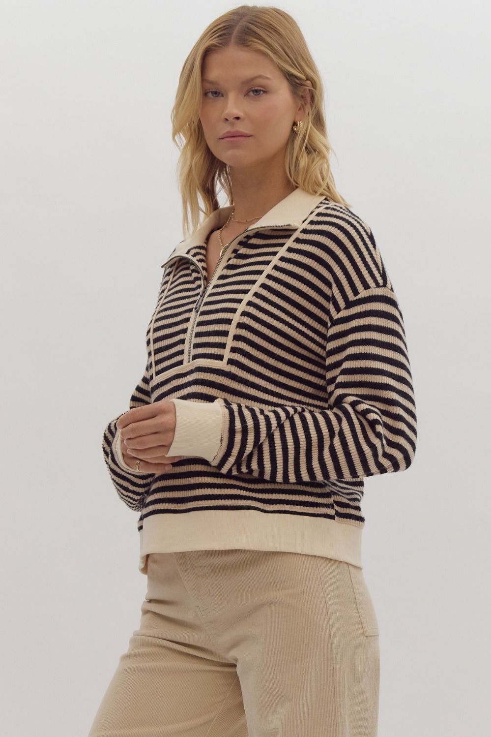 Striped long sleeve half-zip pullover top