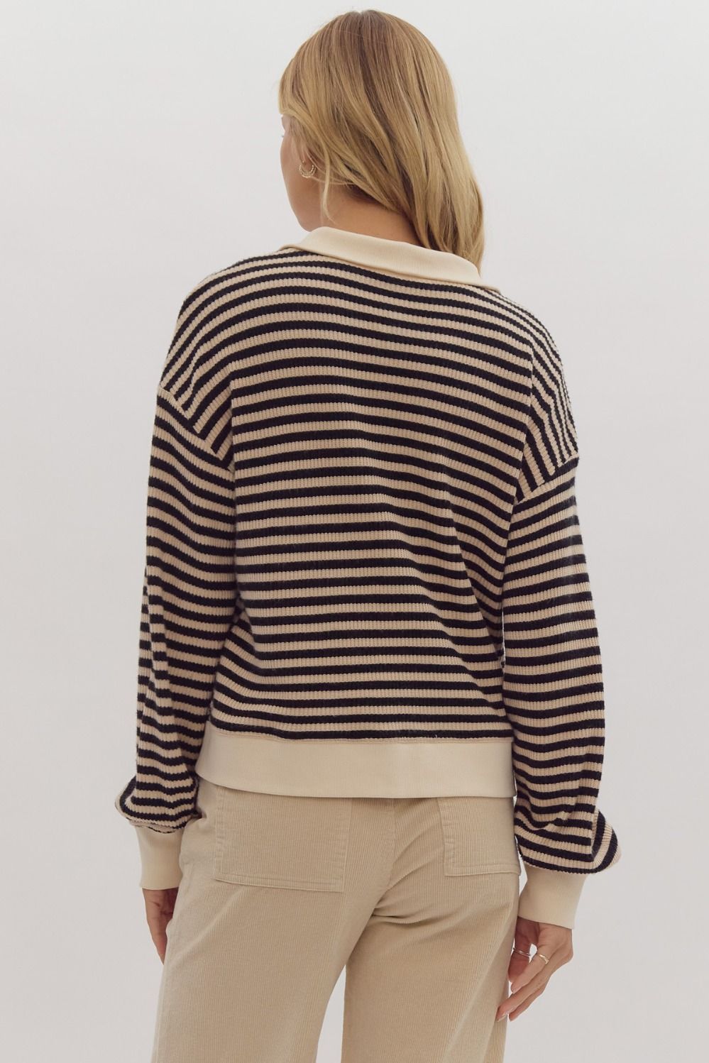 Striped long sleeve half-zip pullover top