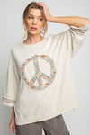 Slub mix ribbed fabric mineral wash top with peace sign symbol Blouse Easel   