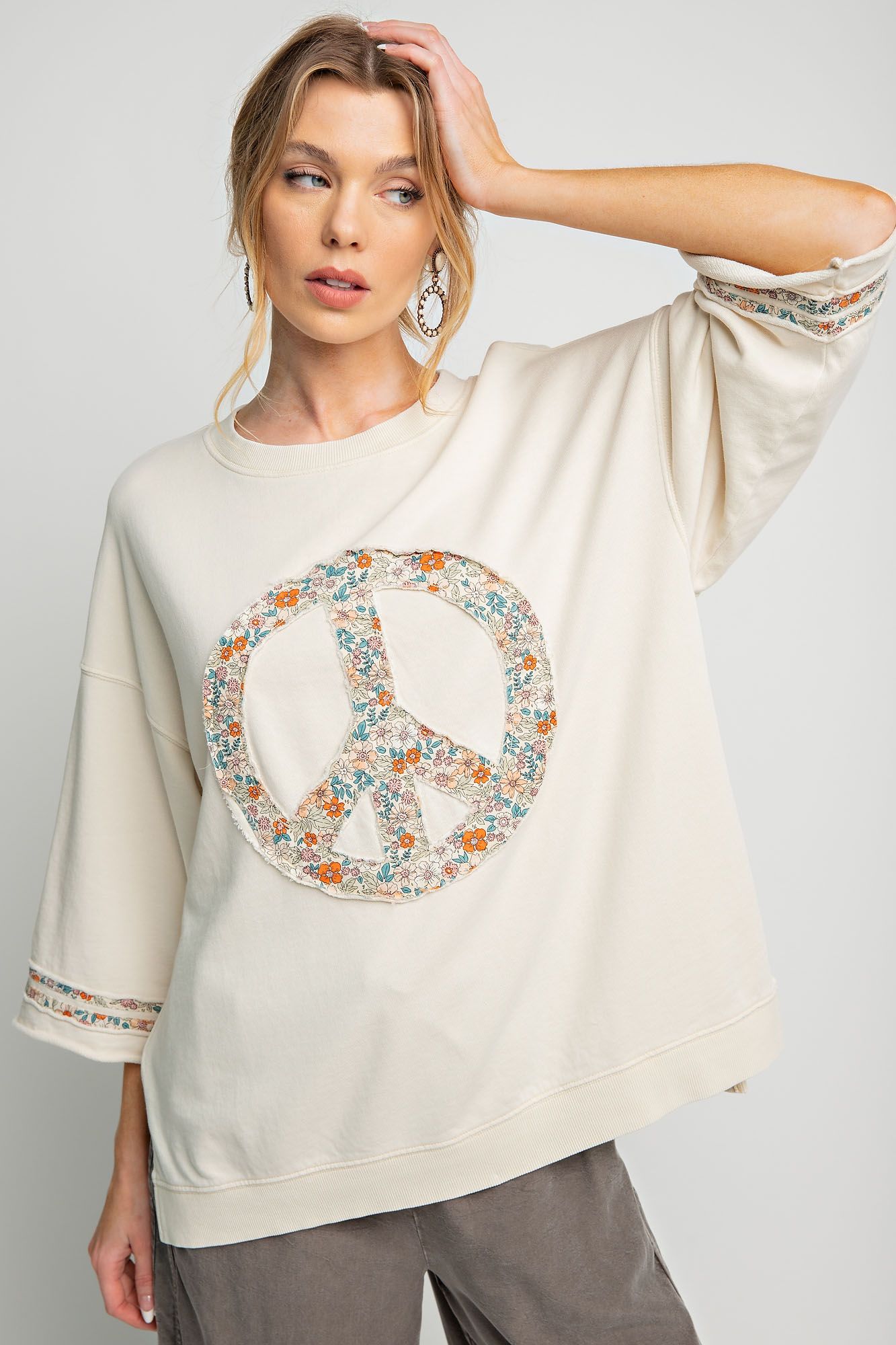 Slub mix ribbed fabric mineral wash top with peace sign symbol RESTOCKED Blouse Easel Beige Small 