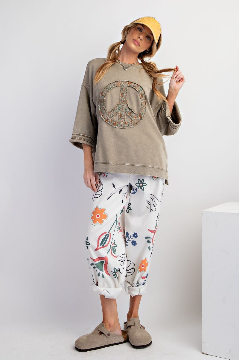 Slub mix ribbed fabric mineral wash top with peace sign symbol RESTOCKED