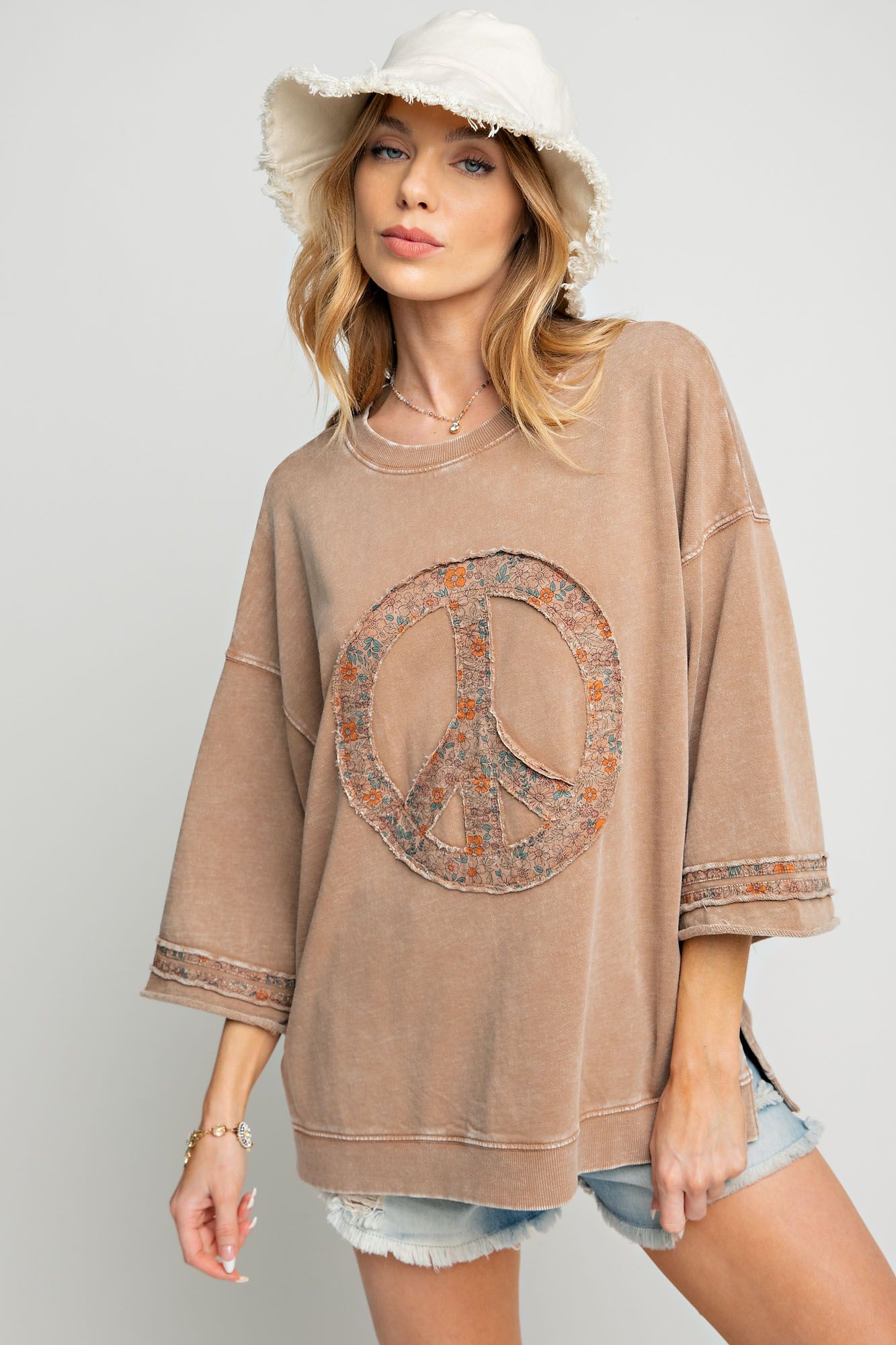 Slub mix ribbed fabric mineral wash top with peace sign symbol RESTOCKED Blouse Easel   