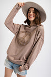 Long Sleeve Peace Sign Patch Mineral Wash Hooded Top Sweatshirt Easel   