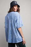 Short sleeves smiley face printed washed top Blouse Easel   
