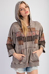 3/4 sleeve print mix mineral wash hoodie pullover