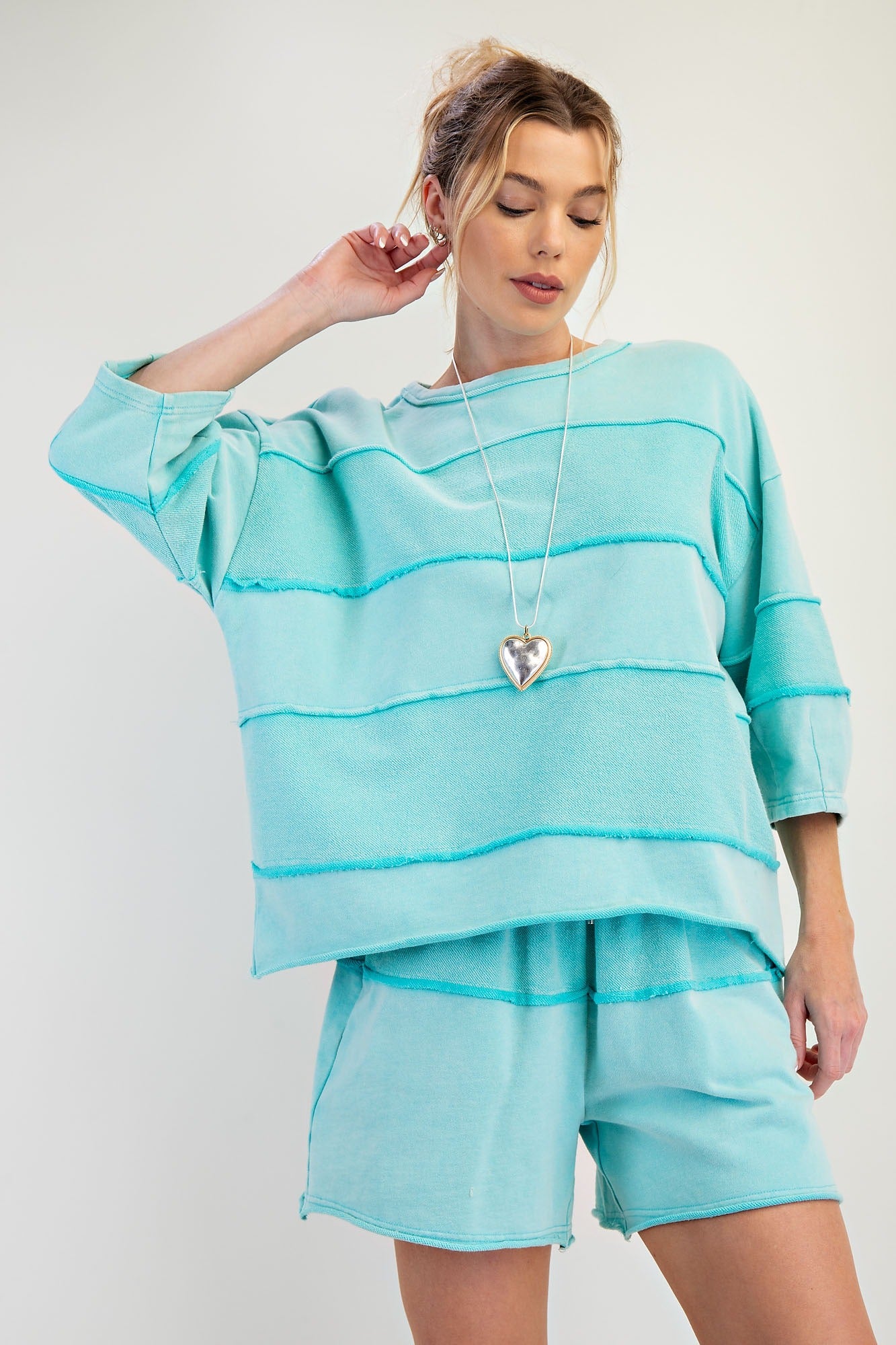 Upside down detailing mixed mineral washed terry knit top