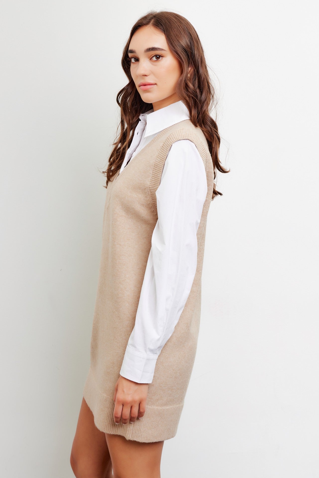 Mixed media mini sweater dress with layered shirt – Ivy and Pearl Boutique Mixed media mini sweater dress with layered shirt – Ivy and Pearl Boutique