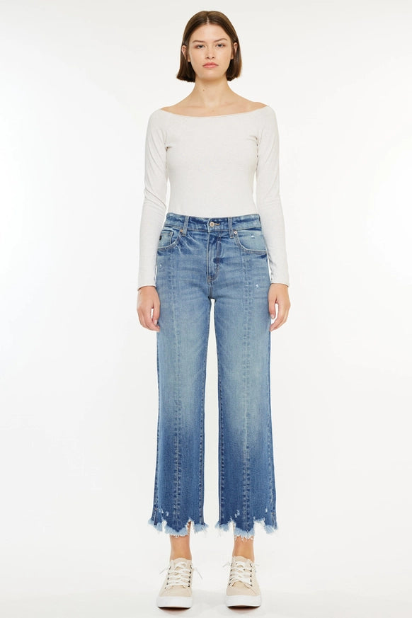 Kan Can high rise straight leg jeans with chewed hem