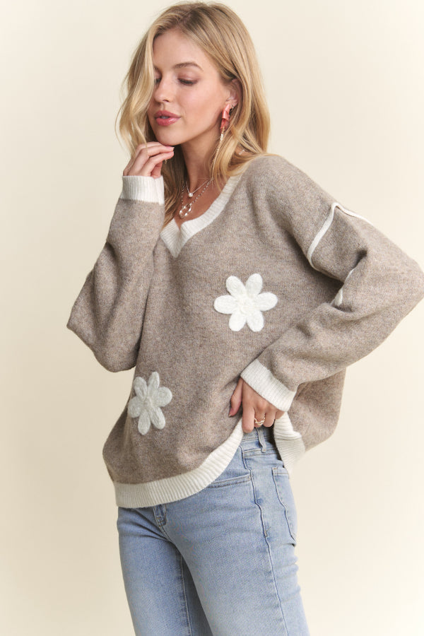 Drop shoulder V-Neck floral sweater top