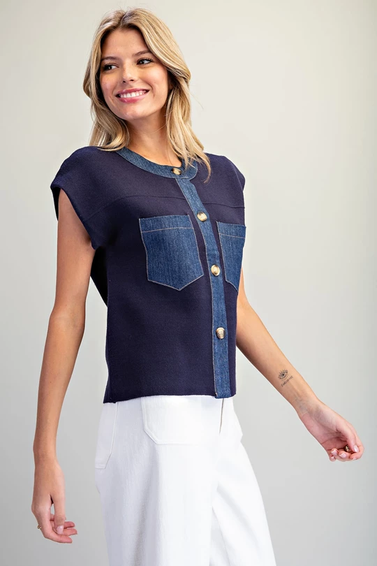 Denim trim patch pocket knit top