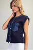 Denim trim patch pocket knit top