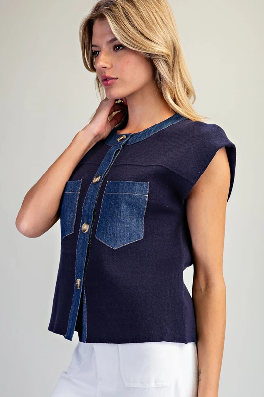 Denim trim patch pocket knit top
