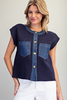 Denim trim patch pocket knit top
